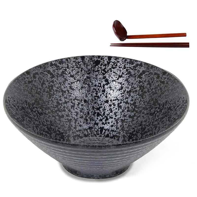 

Ceramic Japanese Ramen Soup Bowl with Matching Spoon and Chopsticks, Suitable for Udon, Soba, Large Size