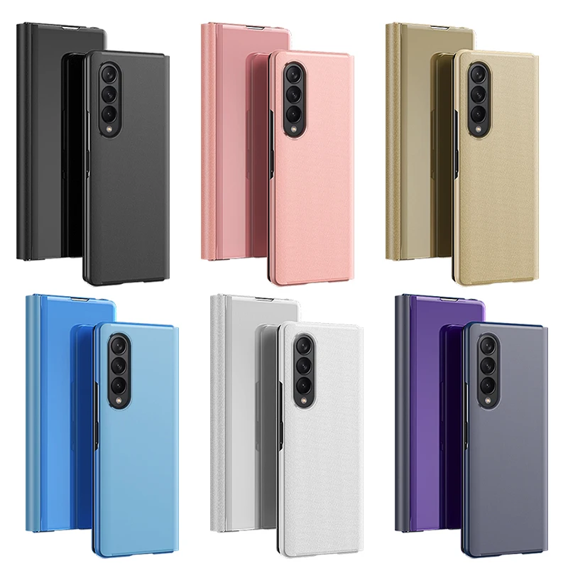 Flip Mirror Case For Samsung Galaxy Z Fold 3 5G Leather Clear Transparent Time display Stand Back Phone Cover Capa Fold3 Fold2
