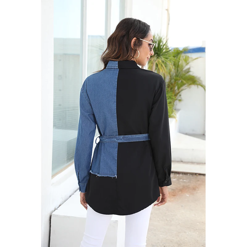 Женская джинсовая рубашка с карманами Повседневная Облегающая длинным рукавом и