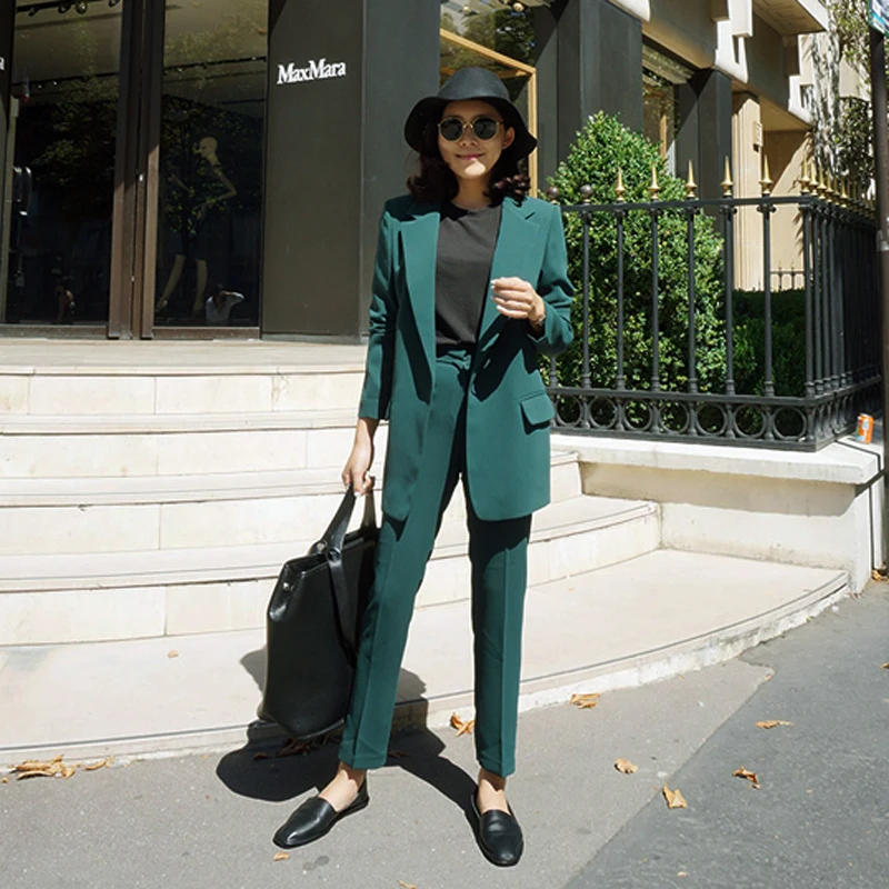 

Women Single botton Work Blazer Suits OL Pants Suit Notched Blazers Jackets With Trouser Two Pieces Set Red Pink GREEN