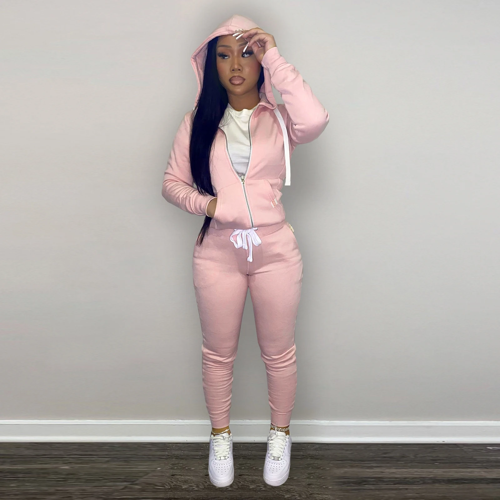 

Women\u2019s Casual Hoodies and Trousers Suit Fashion Solid Color Long Sleeve Zipper Cardigan and Long Pants Tracksuit