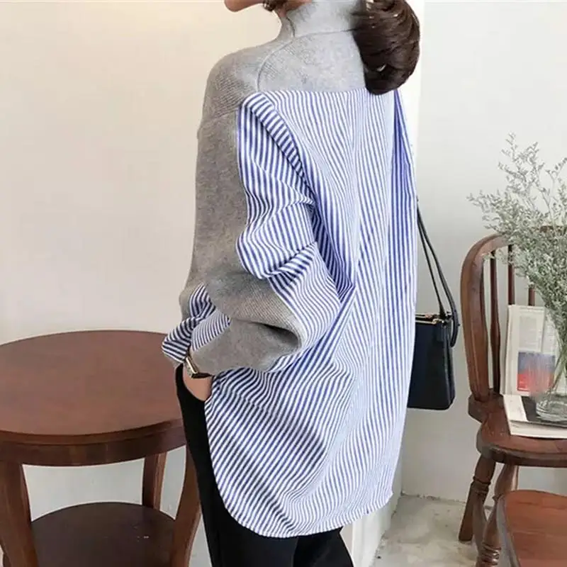 New Autumn Women's Sweaters Patchwork Srtiped Knitting V-Neck Cardigans Casual Single Breasted Loose Tops |