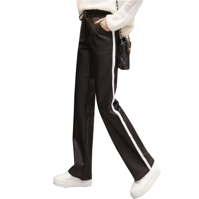 Black 711wide leg KoHuiJoo, весна-осень, черные, белые, полосатые штаны, женские, тонкие, шаровары, кожаные штаны, повседневные, кожаные, длина до щиколотки - Цвет: Black 711wide leg