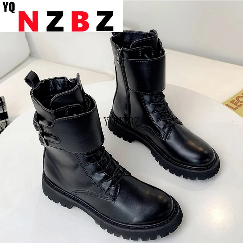 

2021 Autumn New Fashion Platform Zipper Women's Ankle Boots Round Head Lace-up Pu Leather Square Heel Buckle Women's Ankle Boots