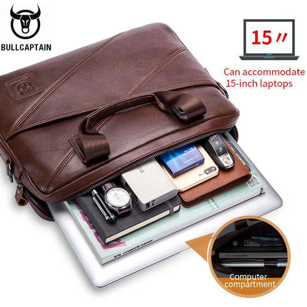 BULLCAPTAIN men's briefcase business handbag can be used for 15 inch laptop casual shoulder messenger bags  Cow Leather Men Bag
