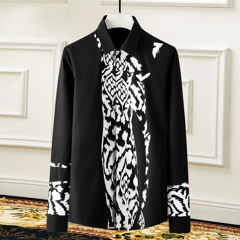Plus size 3XL 4XL Men's Print Shirt long sleeve Chemise homme Casual slim Business male dress Shirts high quality Cotton Camisas