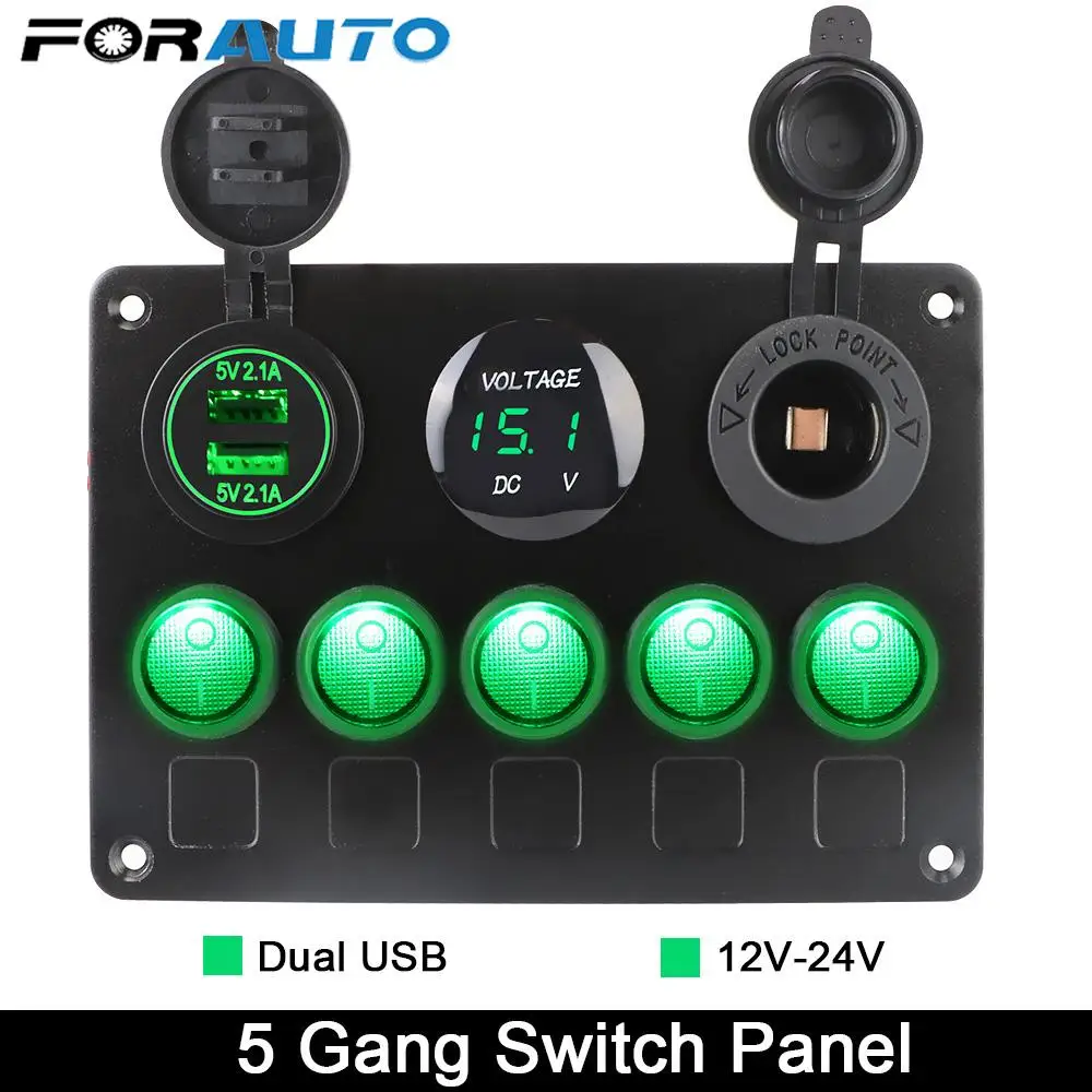 

Dual USB Port Digital Voltmeter 12V Outlet 5 Gang LED Toggle Rocker Car Switch Panel For Marine Car Truck Ship