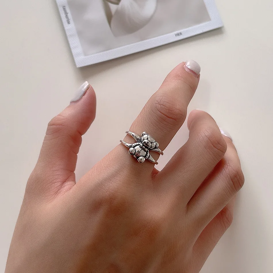 

Retro Authentic 925 Sterling Silver Fine Jewelry Double Rows Bear Teddy Ring Women's C-J1598