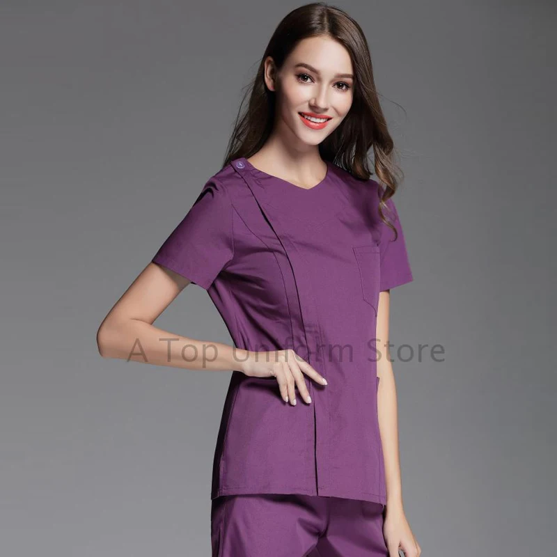 purple SET Женская мода, медицинская форма, боковое отверстие, передний скраб-топ со скрытой молнией+ брюки, медицинская рабочая одежда медсестры - Цвет: purple SET