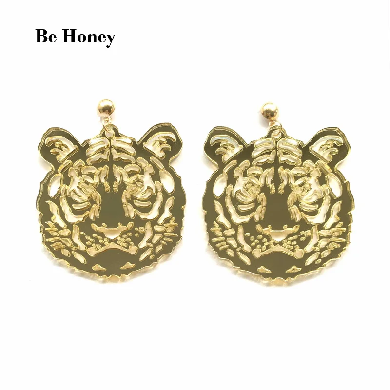 

Trendy Mirror Gold Animal Hollow Out Tiger Head Exaggerated Acrylic Stud Earrings For Women Creative Fashion Jewelry