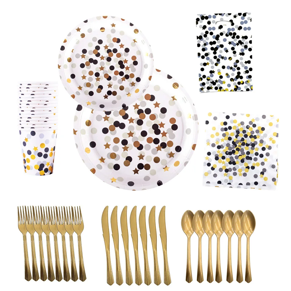 

Gold Stamping Dots Theme Disposable Tableware Baby Shower Birthday Party Decorations Disposable Plates Napkins Cups Banners