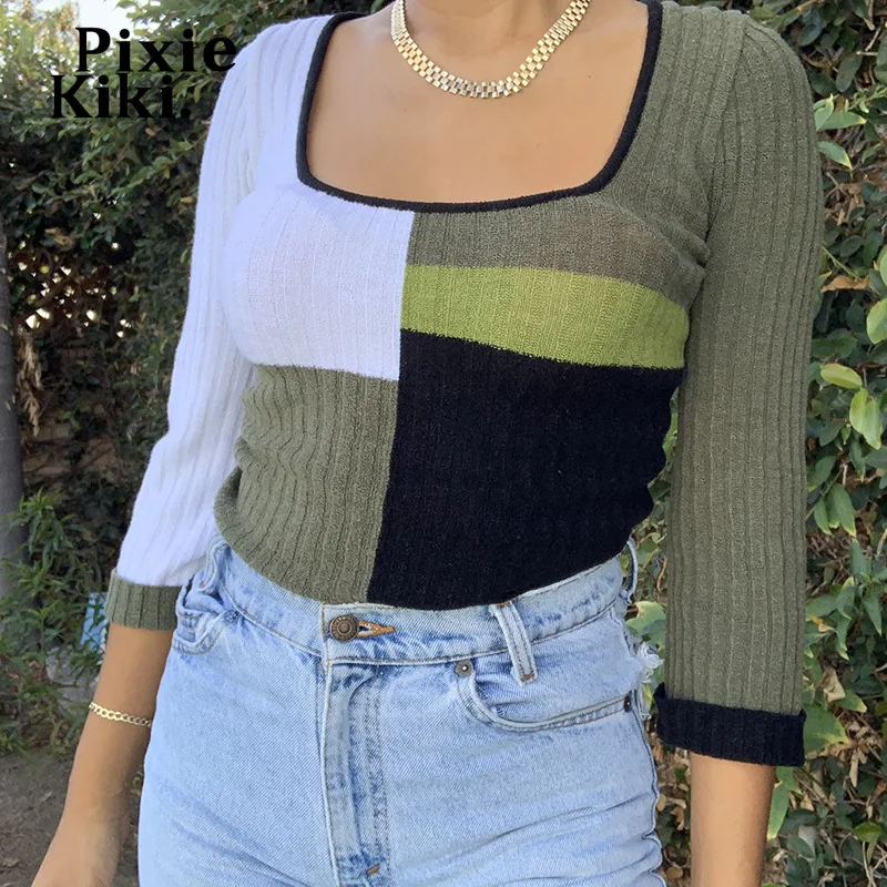 

Женский трикотажный свитер PixieKiki, зеленый свитер с квадратным вырезом и длинным рукавом, зимние топы Y2k, эстетические женские пуловеры