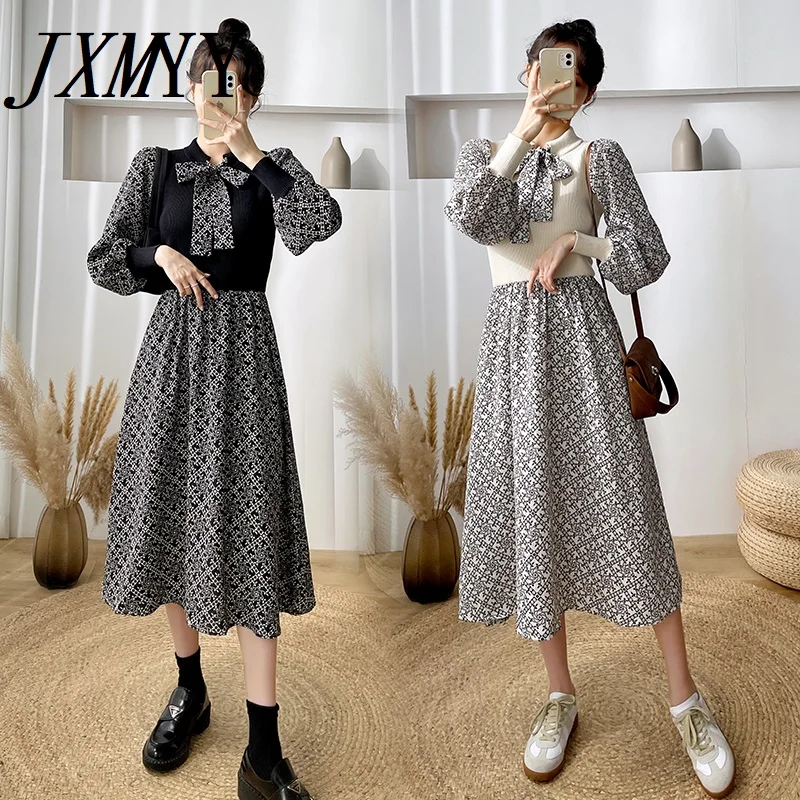 

JXMYY 2021 New Autumn And Winter Fashion Temperament All-Match Sweater Stitching Chiffon Dress With Bottoming Floral Skirt