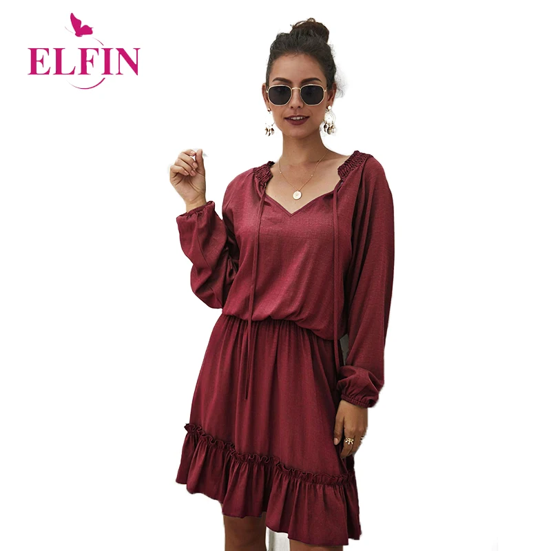 

Women Casual Dress Mini Long Sleeve V Neck Ruffles Autumn Robe Femme Clothing 2020 SJ4044R