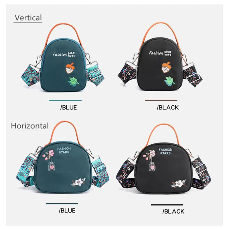 

Women's Nylon Embroidery Wide Shoulder Strap Bag Mini Mobile Phone Small Bag Lady Single-shoulder Diagonal Bag 2021 New Fashion