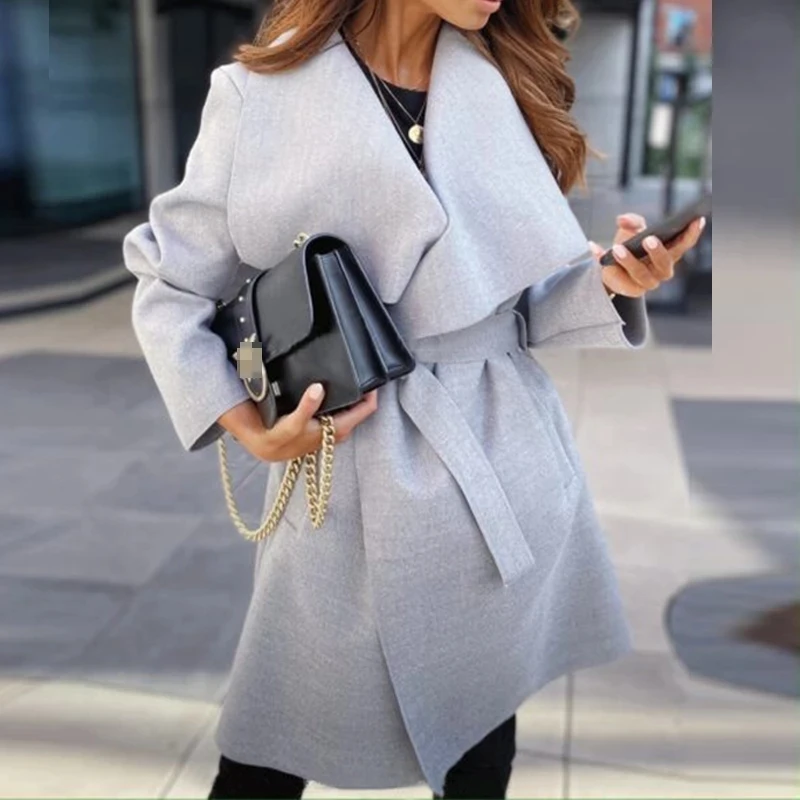

Autumn Winter Elegangt Lace-Up Belt Office Lady Overcoat Casual Loose Jackets Women Fashion Design Solid High Street Long Coats
