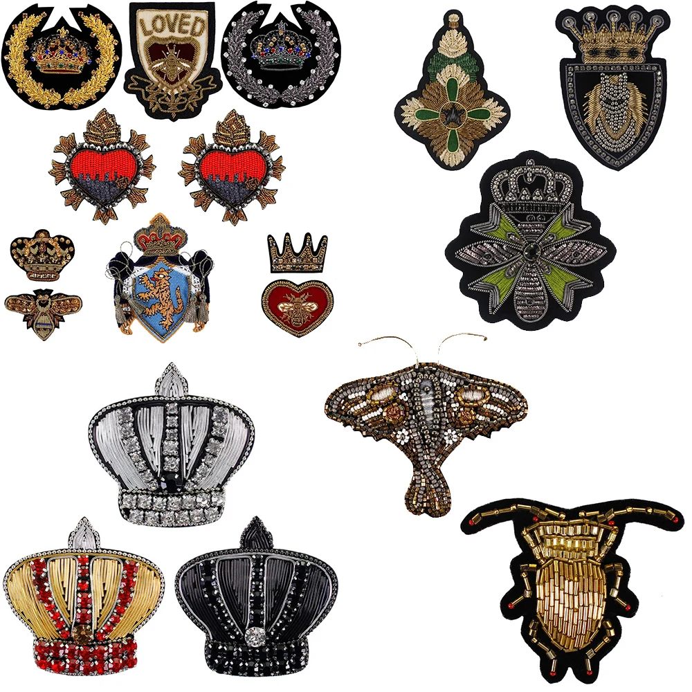 1pc Bee Crown Wreath Tiger Badge Love Heart Indian Silk Patch Beaded Applique Patches Vintage Embroidered Sewing P87 |