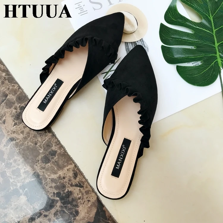 HTUUA/высококачественные Мягкие Шлепанцы из флока; женские туфли без задника; сезон весна-лето-осень; женская обувь; шлепанцы на плоской подошве; SX1311