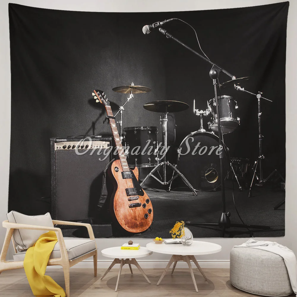 

Musical Instruments Guitar with Drum In Black Wall Tapestry