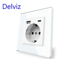 delviz type c wall usb outlet white tempered crystal glass panel 5v 2100ma with double usb ports eu standard 16a power socket