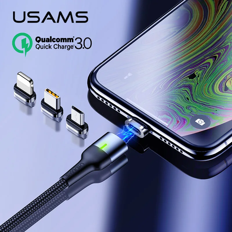 USAMS Магнитный кабель Micro usb Type C 3A для быстрой зарядки iPhone магнитное зарядное