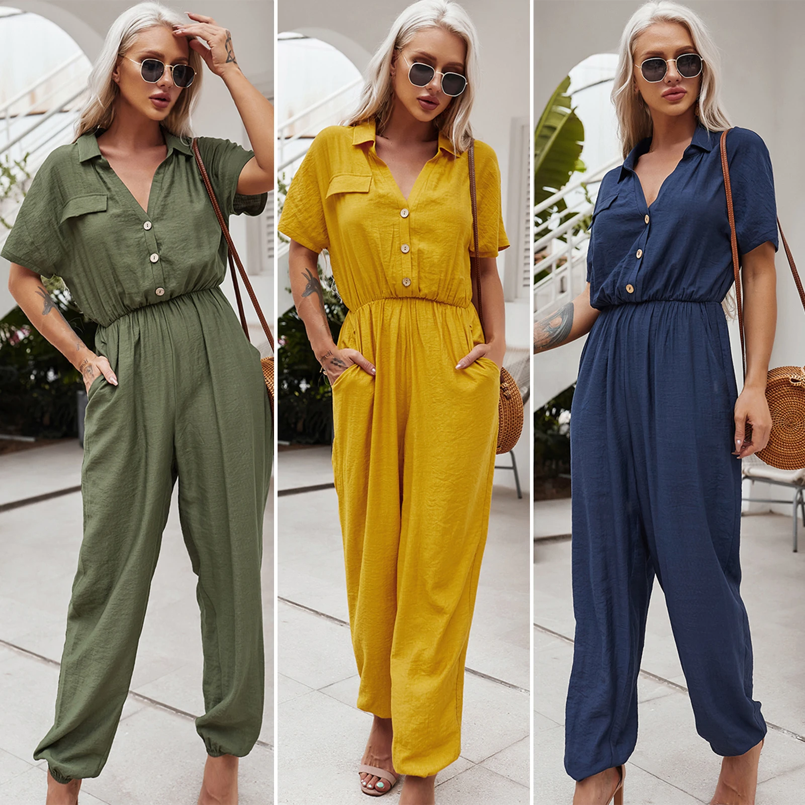 

Anself Summer Fashion Women Solid Color Jumpsuits Turn-Down Collar Short Sleeve Button Pocket Casual Slim mujer Playsuits 2021