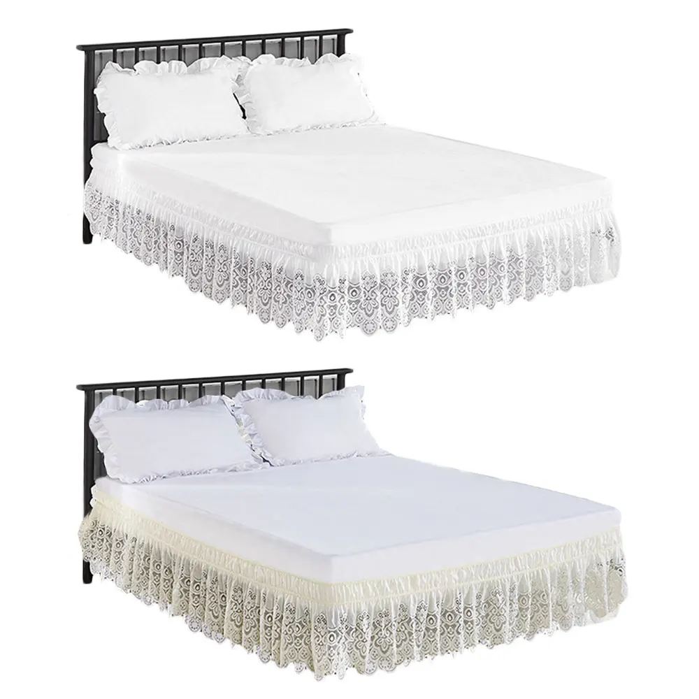

4 Sizes of White Lace Trimmed Elastic Bed Skirt Wrinkle Free Dust Ruffle for Twin Queen King Simple and Sweet Bedding New N11