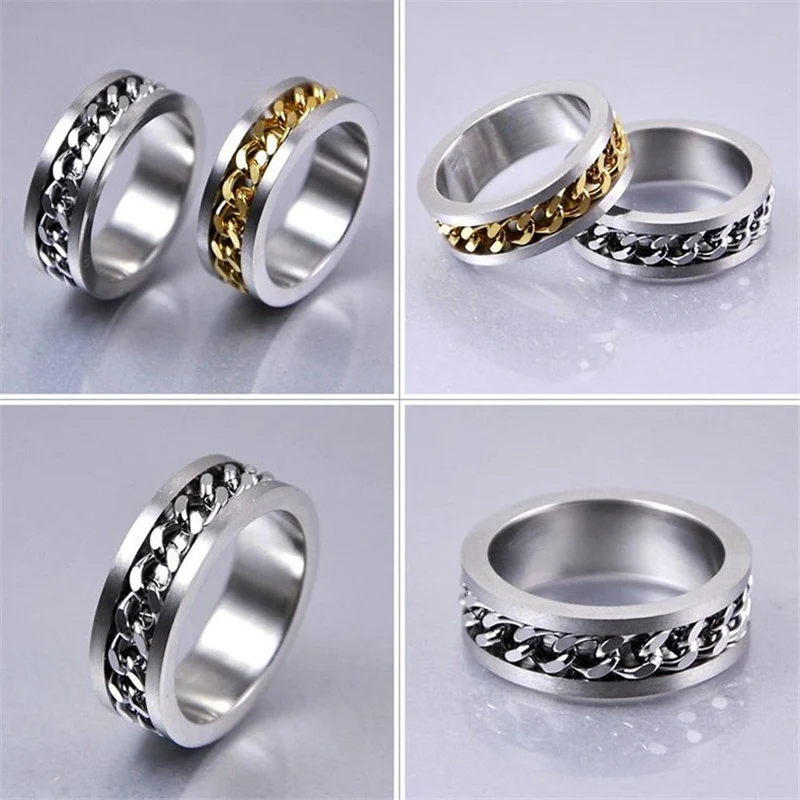 Silver Color Stainless Steel Rotatable Punk Vintage Ring For Men High Quality Spinner Chain Ring Jewelry