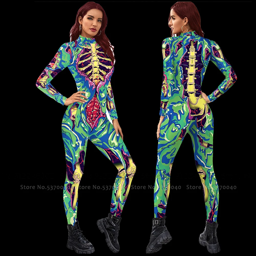 

Skeleton Halloween Costume for Women Skull Zombie Scary Viscus Bloody Cosplay Print Jumpsuit Carnival Party Performance Bodysuit