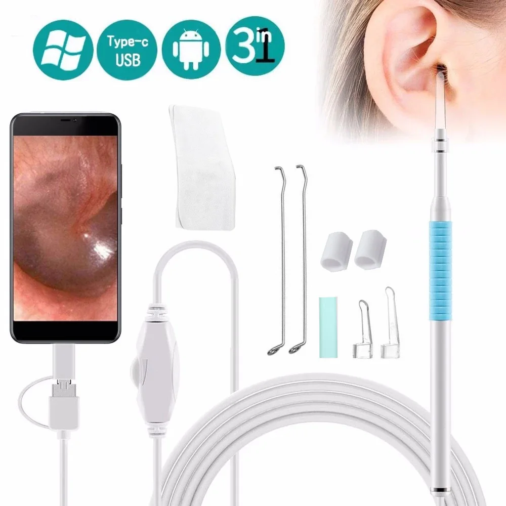 

Medical In Ear Cleaning Endoscope Spoon Mini Camera Ear Picker Ear Wax Removal Visual Ear Mouth Nose Otoscope Support Android PC