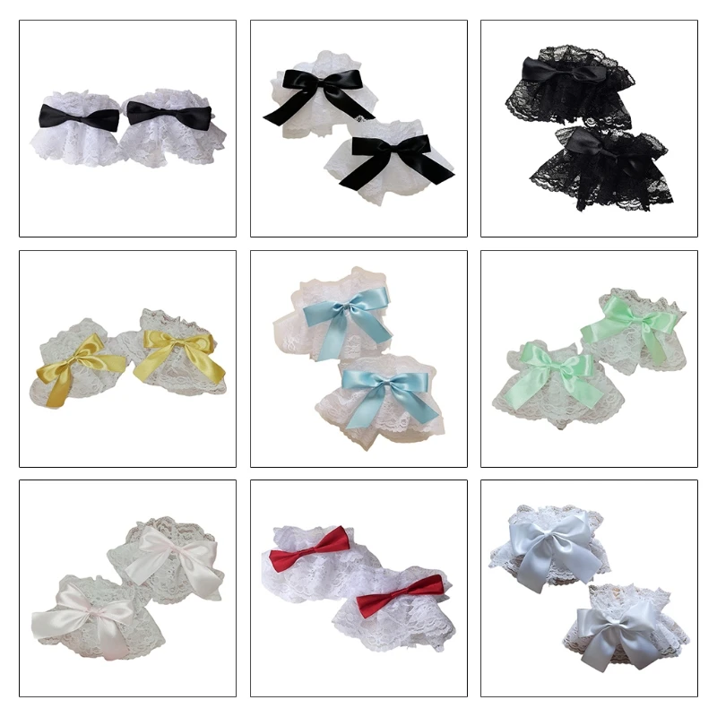 

F3MD Gothic Lolita Wrist Cuffs Sweet Satin Bow Ruffles Floral Lace Tulle Bracelet Wristband Japanese Maid Cosplay Hand Sleeve