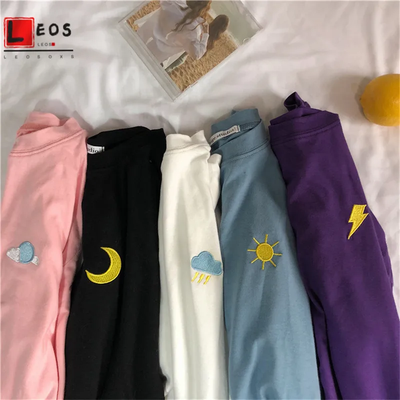 harajuku weather embroidery Women t shirt cartoon Loose All-match summer Short Sleeve Simple Kawaii Candy colors tshirt | Женская одежда