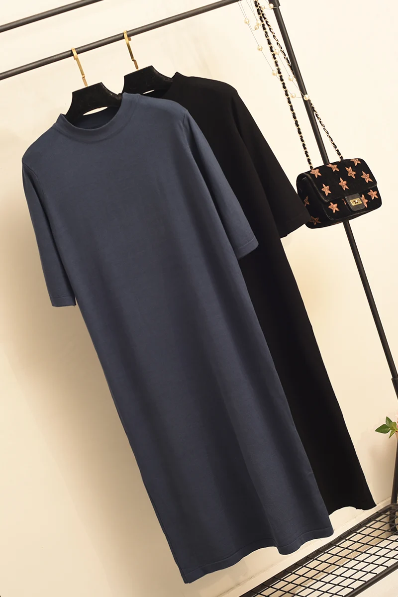 

Half-sleeve Black Knitted Sweater Dress 2021 New Spring Autumn Loose Medium-long Bottoming Dress Plus Size Inside Wear for Women