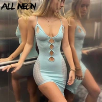 allneon y2k fashion sexy backless hollow out bodycon mini dress 2000s aesthetics deep v mesh trim cami dress irregular clubwear
