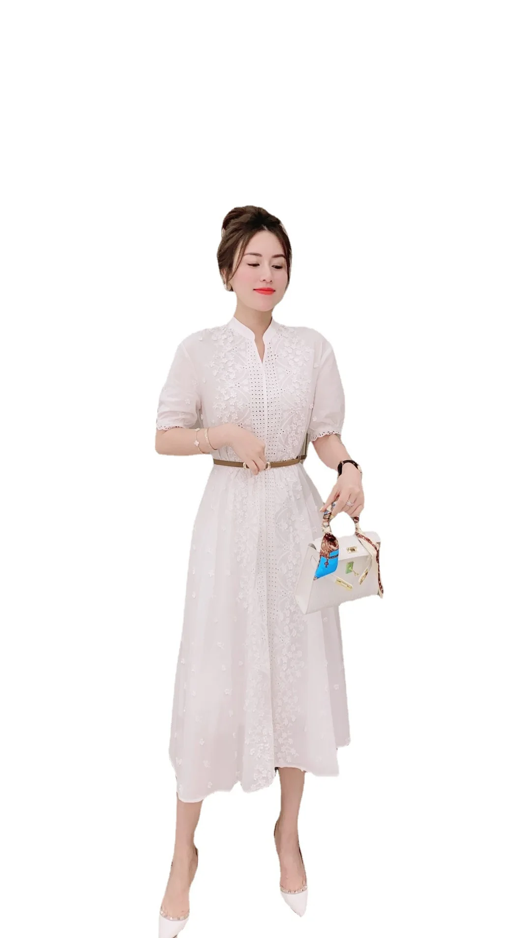 

High level heavy industry embroidered dress female art model V-neck half sleeve waist white fairy dress