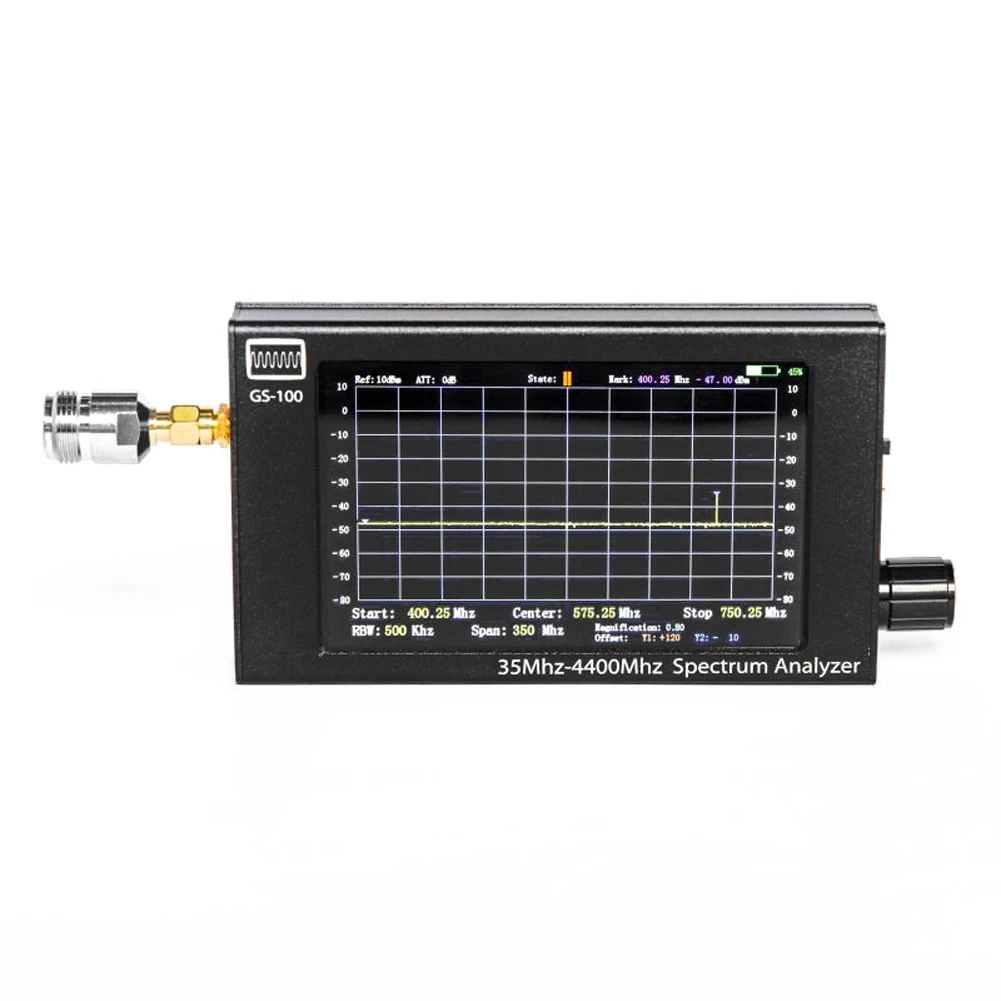 

GS100 35MHz-4400MHz TFT LCD Display Screen Handheld Spectrum Analyzer Aluminum Housing Multifunction Utility Tool