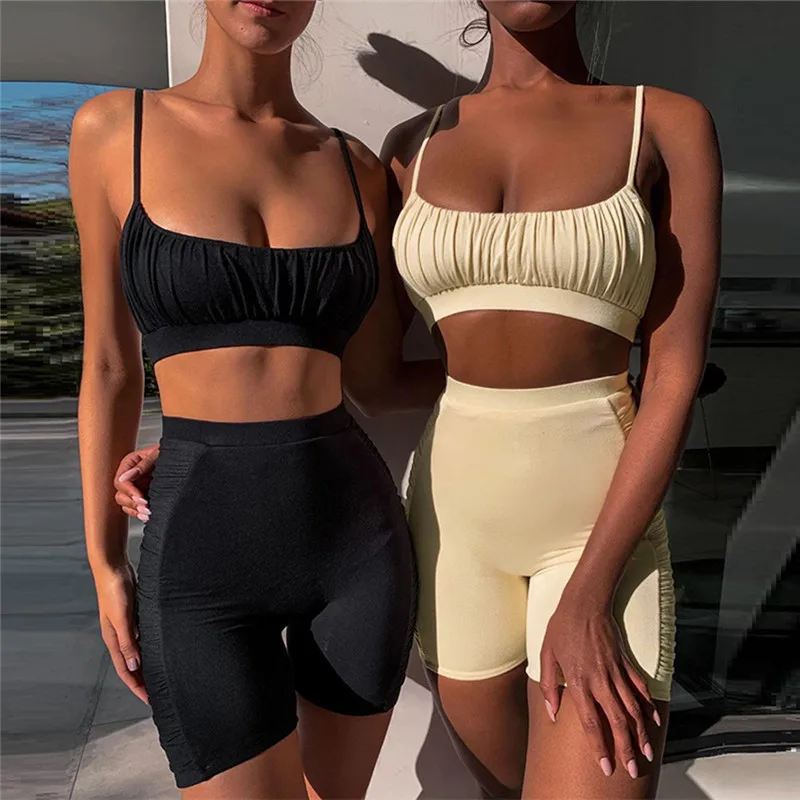 

Women's Suits Solid Color Hot Sale Fashion Sleeveless Sling Tops + Sexy Slim Shorts Suits Casual Pleated women's Suits