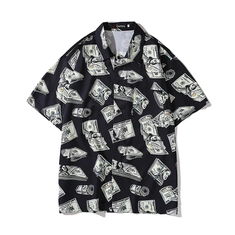 

Vintage Shirts New Summer Hawaiian Short Sleeve Shirt Mens Casual Abstract USD Dollar Print Beach Shirts Man Oversized Loose Top