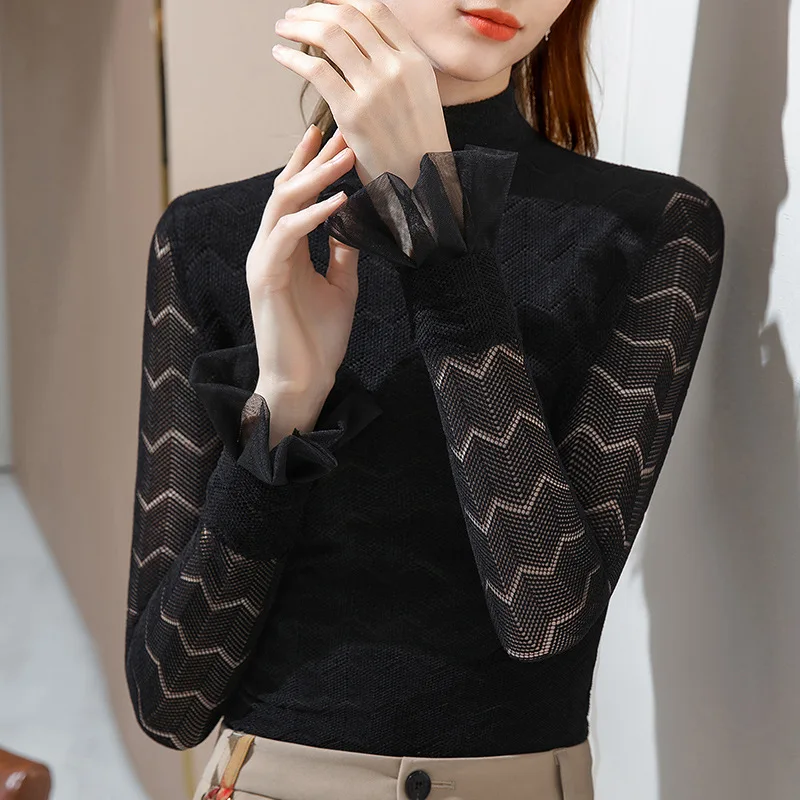 

Semi high collar lace top for women in autumn and winter 2020