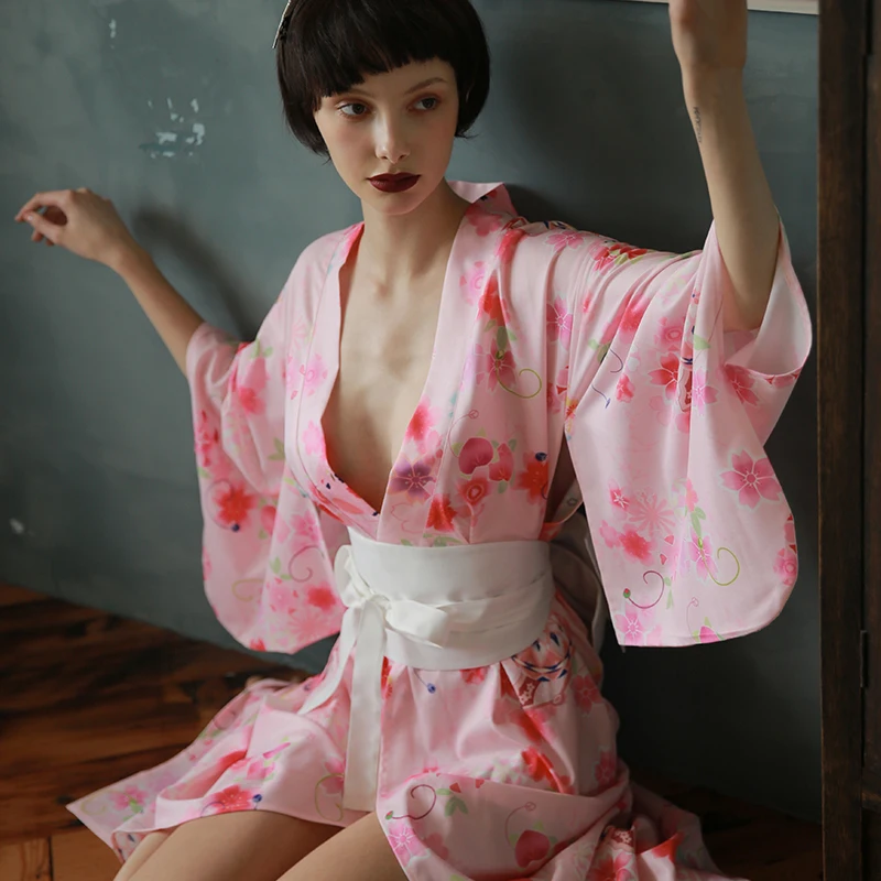 Женское японское кимоно пижама с длинным рукавом сексуальное женское белье