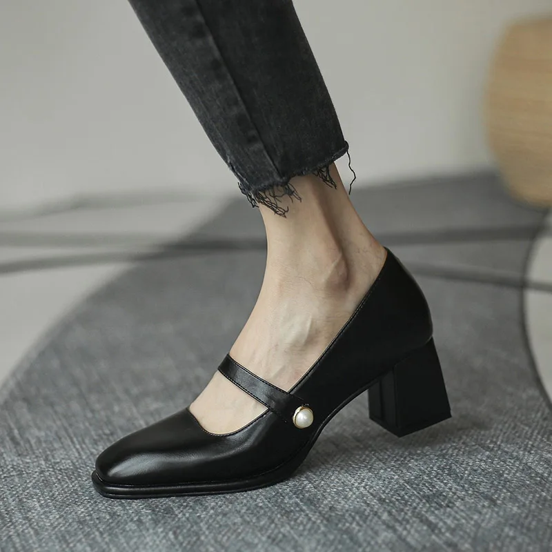 

New Fashion Women Shoes Square Toe Mary Janes Shoes Square Heel Dress Shoes Pearl Buckle Pumps High Heels Office Shoe