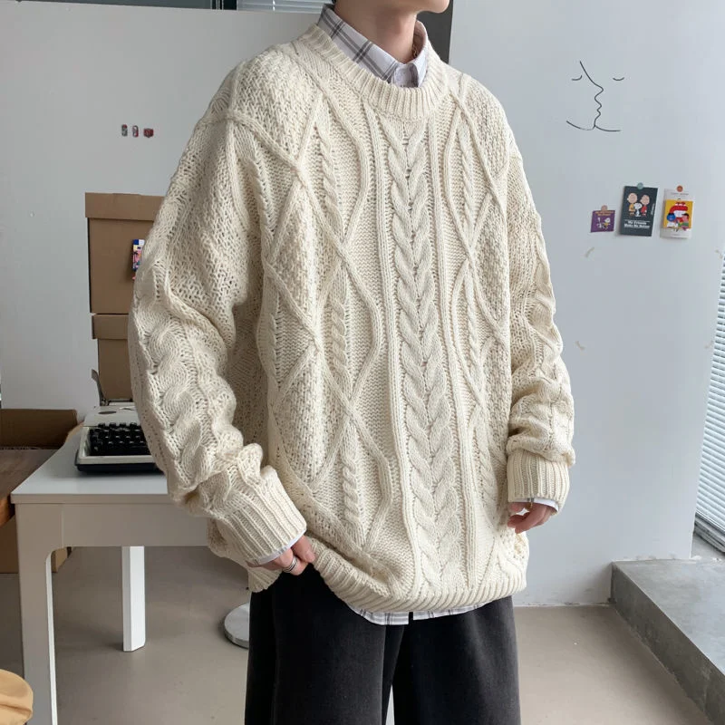 

Мужской свитер с круглым вырезом, теплый модный вязаный пуловер в стиле ретро, мужской корейский Свободный Повседневный свитер с длинными р...