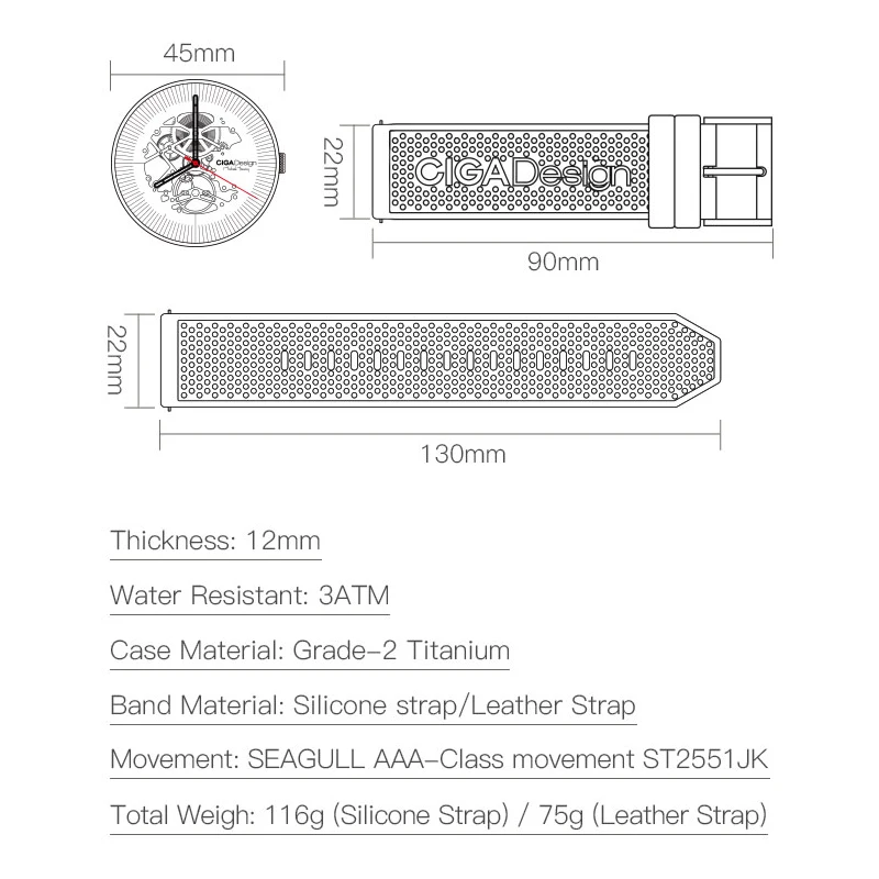 Часы CIGA DESIGN MY Series Titanium Edition автоматические механические часы с отверстиями модные