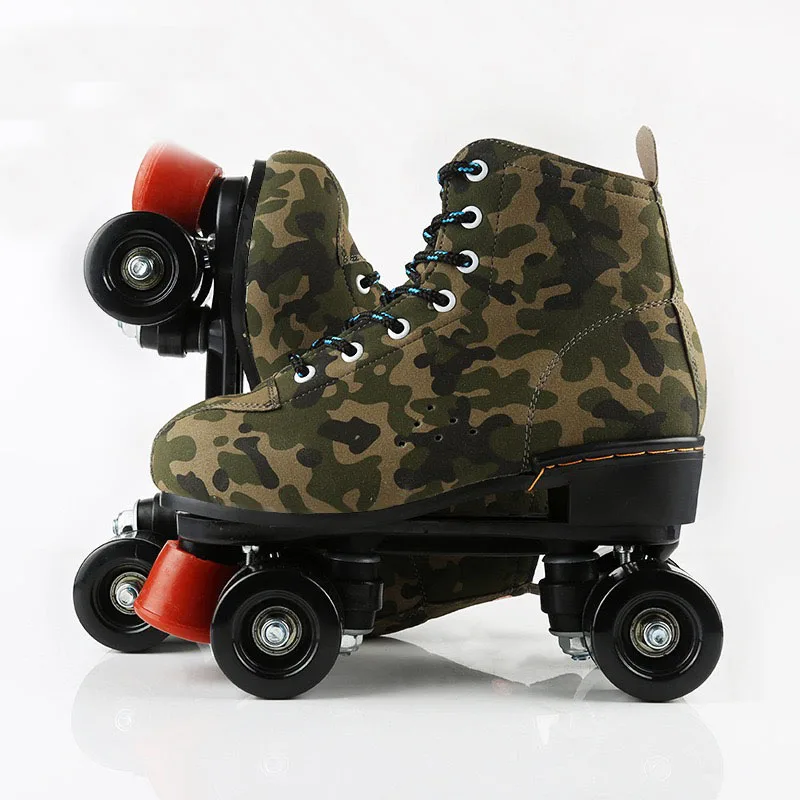 Camouflage Double Line Roller Skate Retro 4 Wheel Men Women Flash Wheel Quad Skate Martin Boots Sport Fitness Exercise Patines