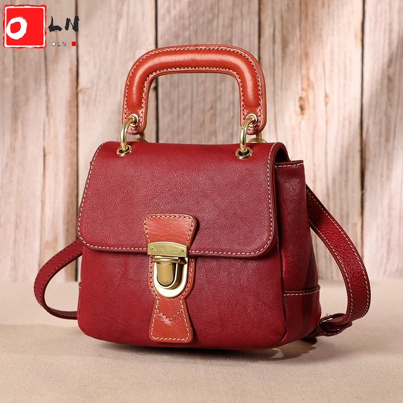 

Vintage Leather Top Handle Bag for Women Luxury Vegetable Tanned Leather Female Lock Shoulder Bag Ladies Retro Crossbody Handbag