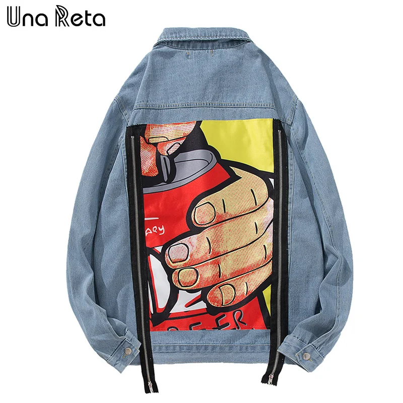 Una Reta Denim Jacket For Men Streetwear Print Jean Autumn New Plus Size Casual Long Sleeve Hip Hop Coat | Мужская одежда