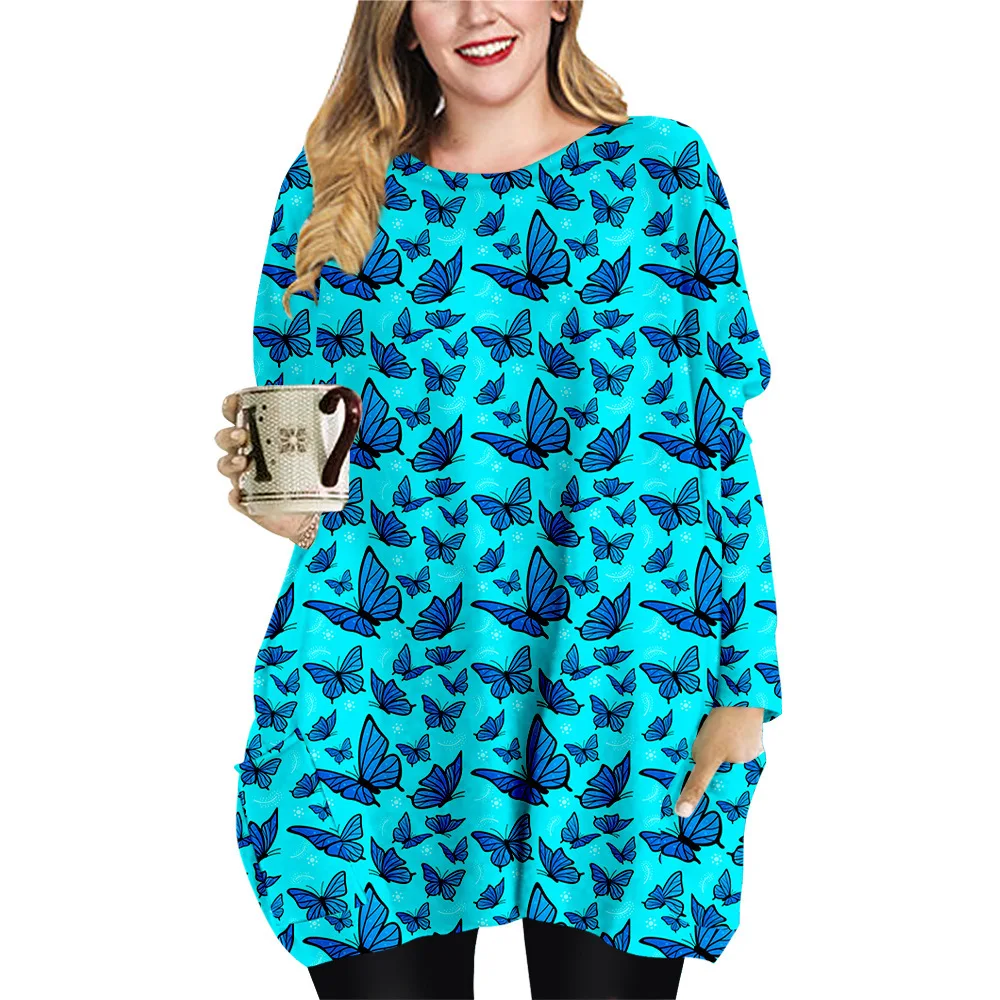 

Butterflies Dress O-Neck Pocket Long Tee Oversized 2021 Hot Sale Harajuku Streetwear Women Dress Plus Size Maternity Clothes