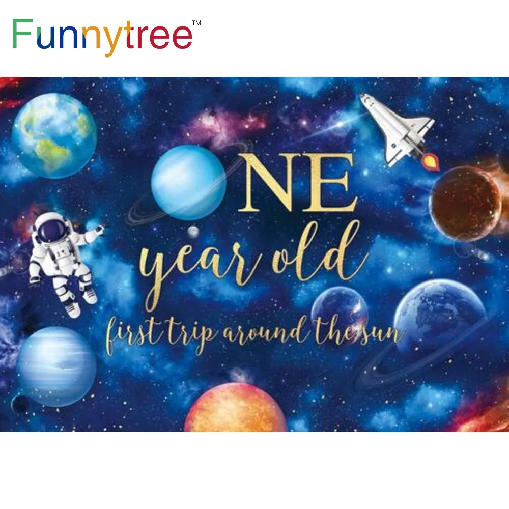 

Funnytree One Year Old 1st Birthday Party Background Boy Astronaut Baby Shower Rocket Space Universe Planet Photophone Backdrop