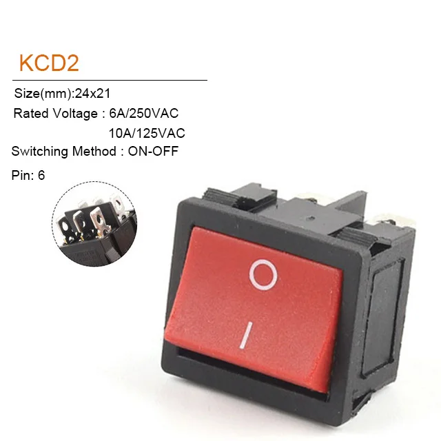 

5 шт. Кулисный переключатель DIY GO KCD2 красный чёрный 24x21 мм 4/6 Pin 2/3 положения 6A/10A 250В/125В