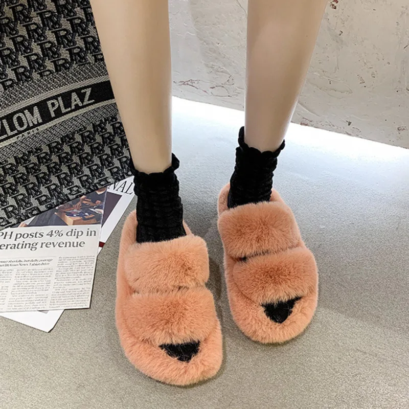 

2020 Winter Fashion Slippers Women Faux Fur Slippers Cozy Furry Slides Open Toe Slip On Soft House Floor Plush Indoor Warm Shoes